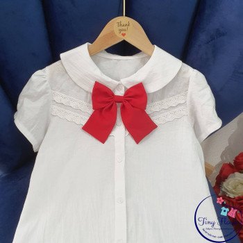 Áo sơ mi học sinh ren ngực nơ đỏ size 7 -11 -